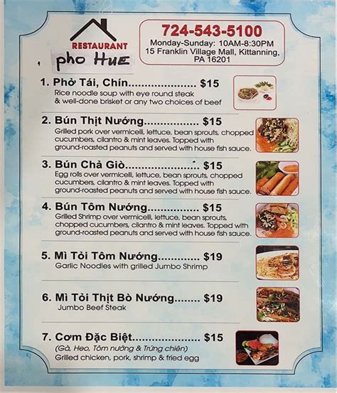 pho hue kittanning pa menu