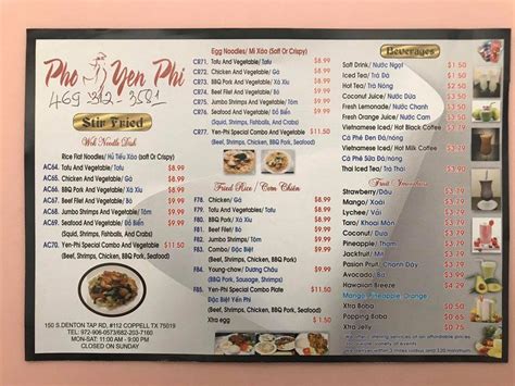 pho yen phi menu