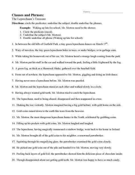 phrase and clause worksheet for grade 5