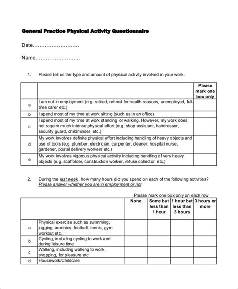 physical activity examples for students pdf
