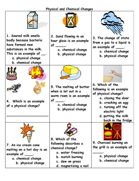 physical and chemical change worksheet 5th grade