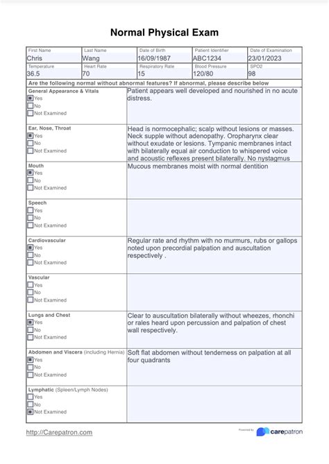 physical examination documentation template