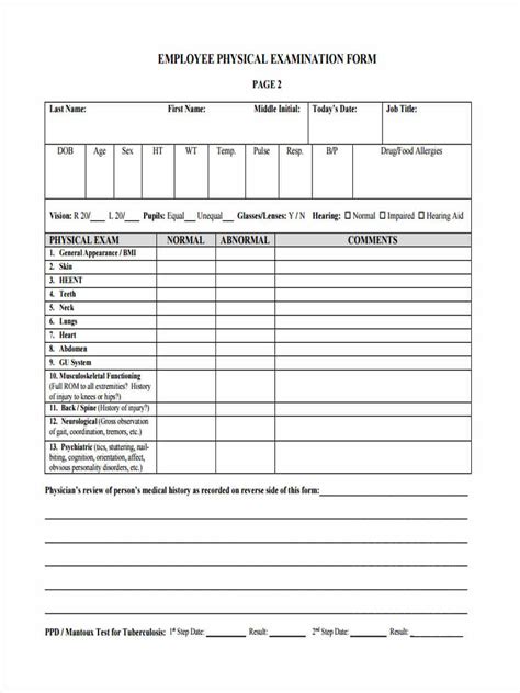 physical examination form for work