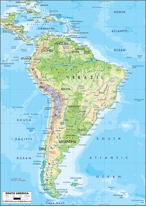 physical map of central and south america