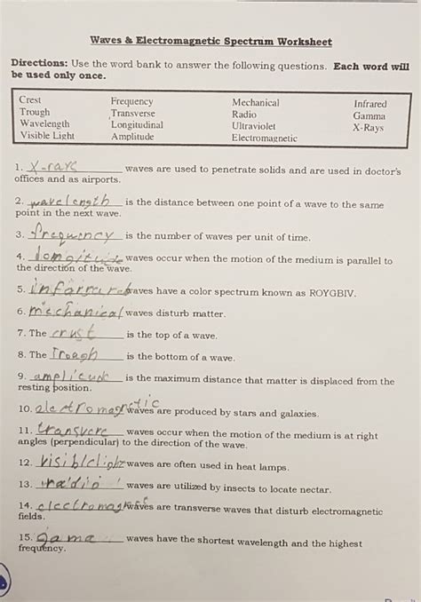 physical science chapter 11 (electromagnetic waves) worksheet 1 answers