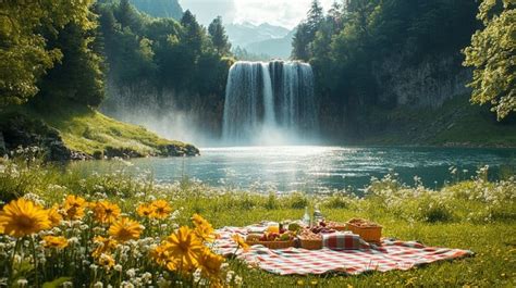 picnic by waterfall