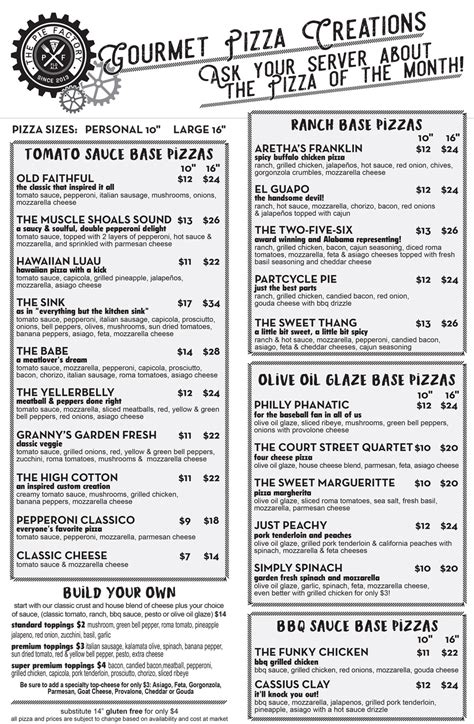 Pie Factory Pizza Menu