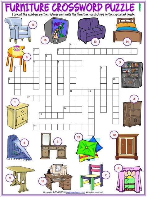 Furniture ESL Printable Crossword Puzzle Worksheets