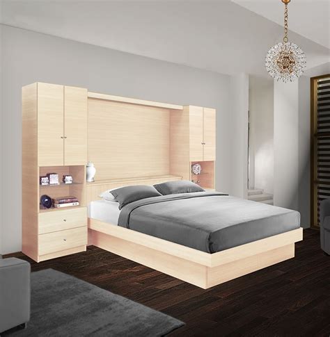 Lincoln Pier Wall Platform Bed w Mirrored Headboard & Storage Footboard