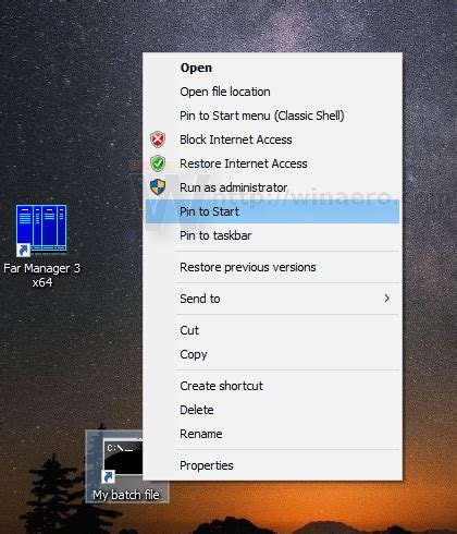 pin batch file to start menu