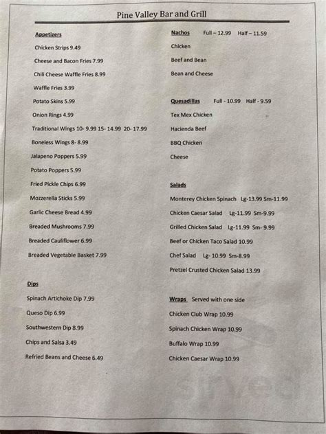 Pine Valley Lunch Menu