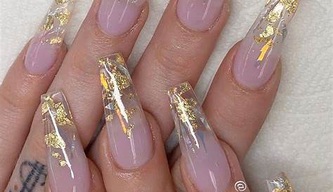 Pink with Gold Flakes Acrylic Nails Nails, Acrylic nails, Gold flakes