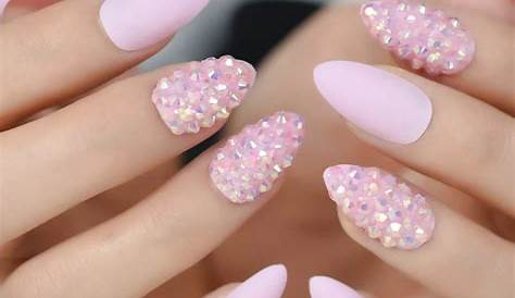 Pink Almond Nails With Rhinestones Light On Long shaped R