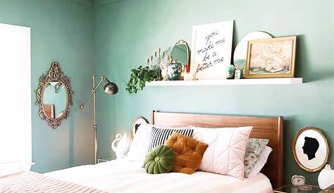 Pink and green bedroom decor. This room blends midcentury modern with