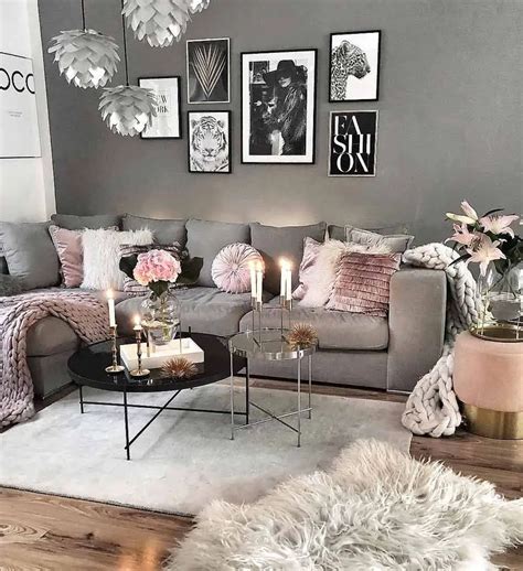 Tons cinza/Rosa/branco Gray living room design, Pink living room