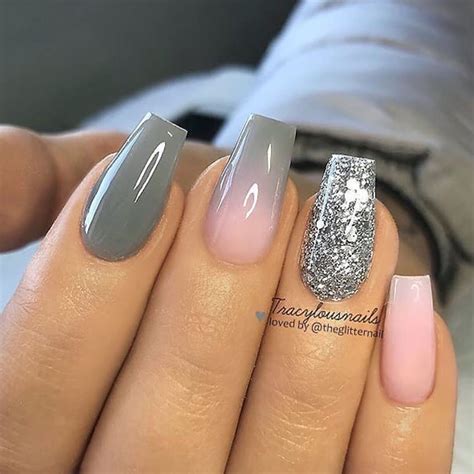 pink and grey glitter ombre nail polish, short squoval nails, nail