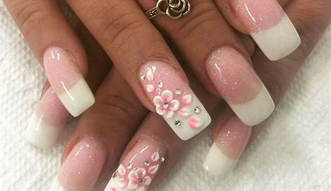 Pink And White Nails French Tip With Rhinestones W light Bow Acrylic