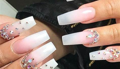 Coffin Pink And White Ombre Nails With Rhinestones / Use a sponge to