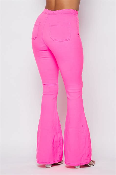 Pink Buttons Zipper High Waisted Ripped Destroyed Flare Bell Bottom