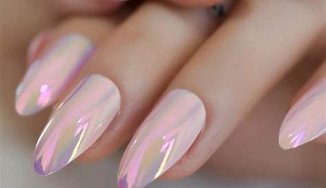 Soft pink almond shaped nails with chameleon chrome ombré effect 