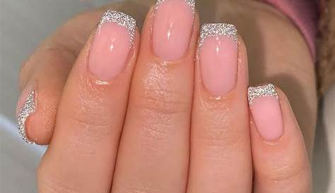 Pink Chrome Nails French Tip With Glitter Light Short Square Nail Glossy