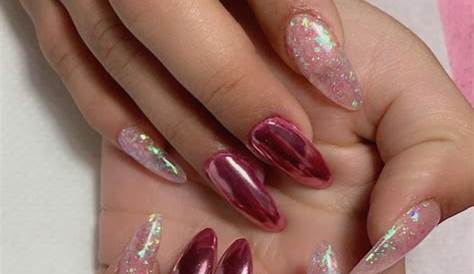 Pink Chrome Valentine Nails s Day Heart Long Acrylic Heart