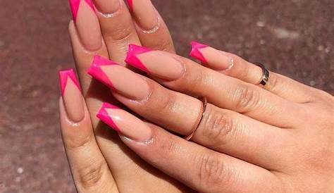 Pink Coffin French Tip Acrylic Nails Long Drawjelly