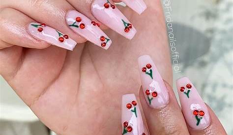 Pink Nails With Cherry Design