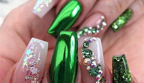 Pink & green acrylic nails with bright hand painted design by Fakeit