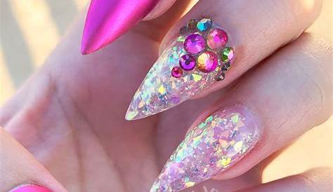 Matte Chrome Hot Pink Stiletto Nails. Pink Crystals & iridescent flakes