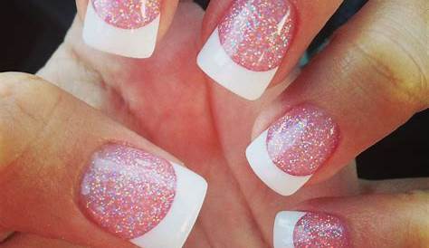 Pink Nails With White Glitter Tips French Tip