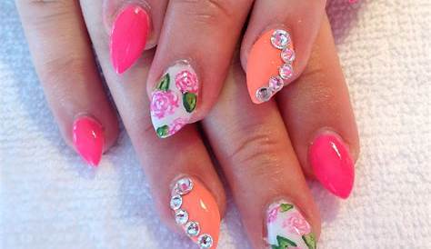Short pointy pink nails hand painted roses Stilleto nails designs