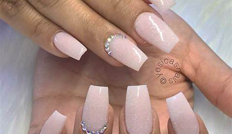 Pink Square Nails With Rhinestones Long Ombre And White