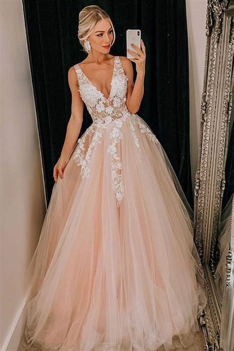 Ball Gown Deep VNeck Backless Light Pink Tulle Appliques Wedding Dress