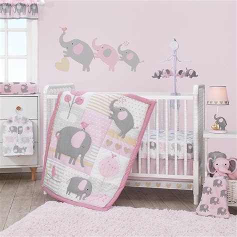 pink and grey elephant baby bedding