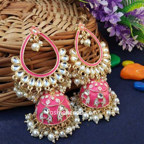 pink colour jhumka earrings