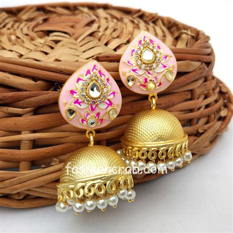 pink colour jhumka earrings