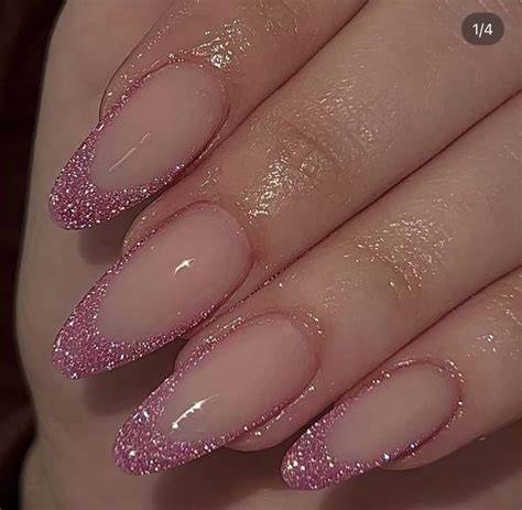 Pink Nails With One Glitter Paint a slightly broader french tip with