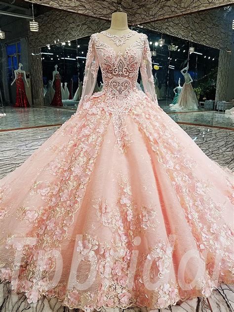 Pink Flower Luxury Wedding Dress 2018 Ball Gown Bride Dresses Lace