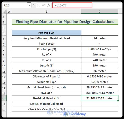 pipe line size calculation excel