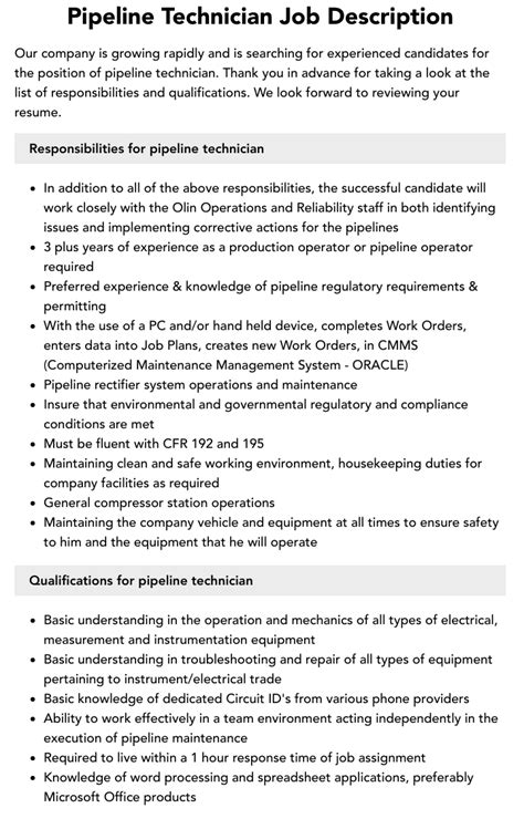 Pipeline Operator Job Description