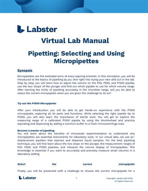 Pipetting Selecting And Using Micropipettes Labster Quizlet