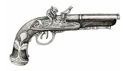 Pirate Flintlock Pistol Drawing Antique . Vector Color Flat Icon