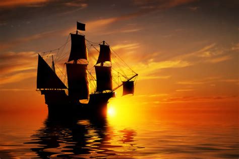 pirate ship at sunset