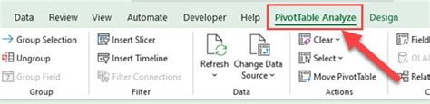 pivottable analyze tab missing