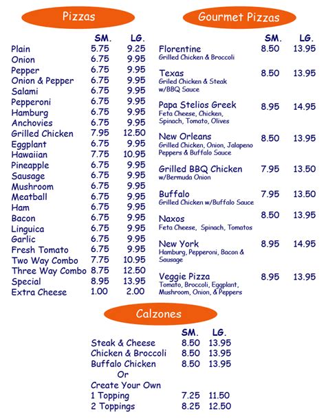 Pizza Calzone Menu