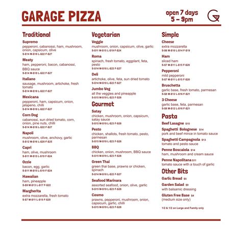 pizza garage menu