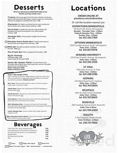 Pizza Luce Menu Duluth Mn