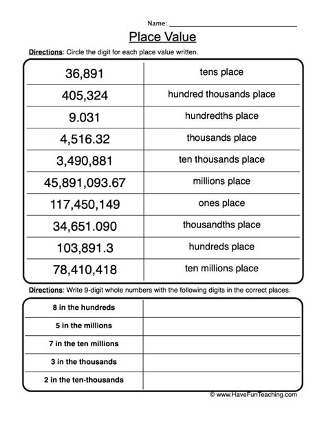 Place Value Chart Printable 5Th Grade Worksheet