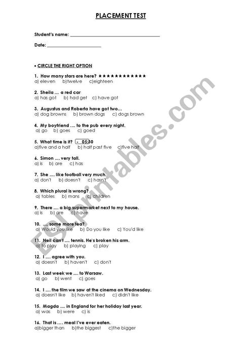 Topics Placement Test Elementary To Pre Intermediate Latest